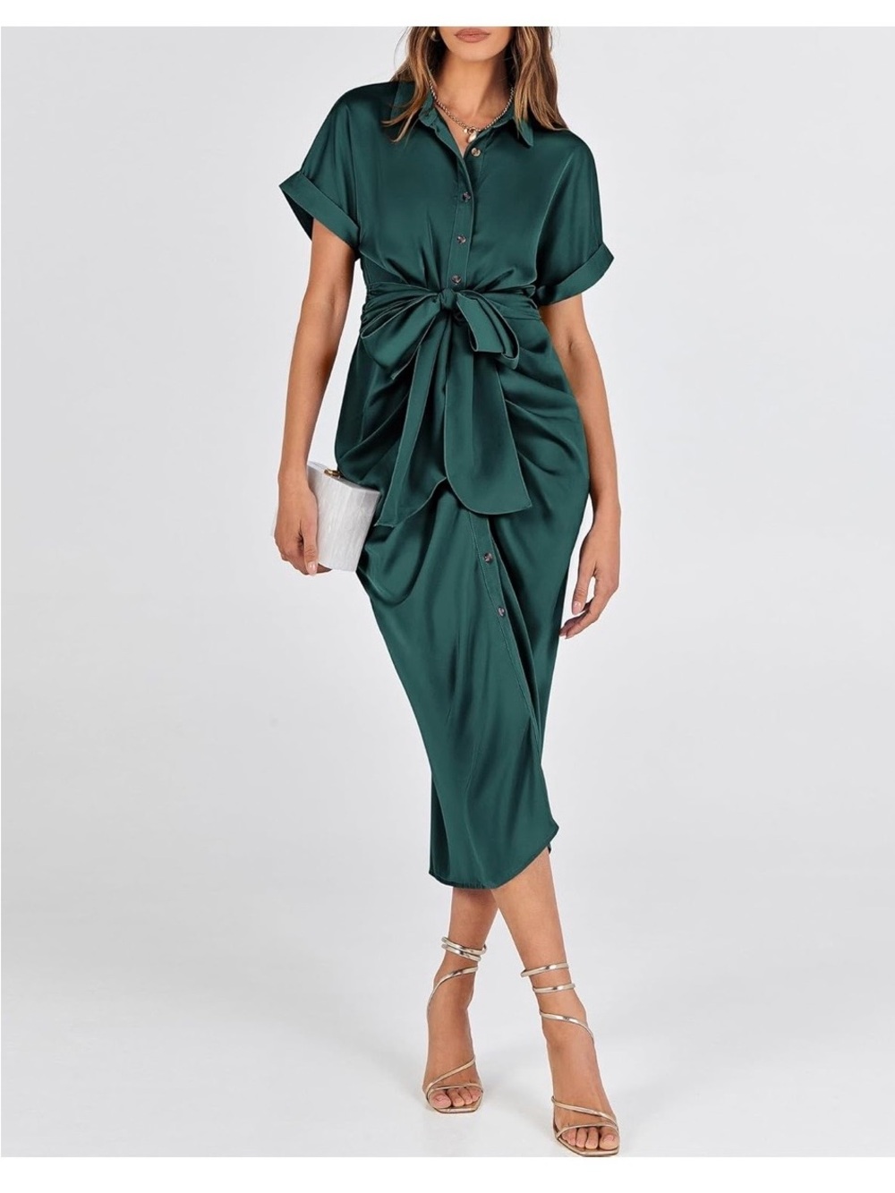 Satin Emerald Button-Front Tie-Waist Midi Dress